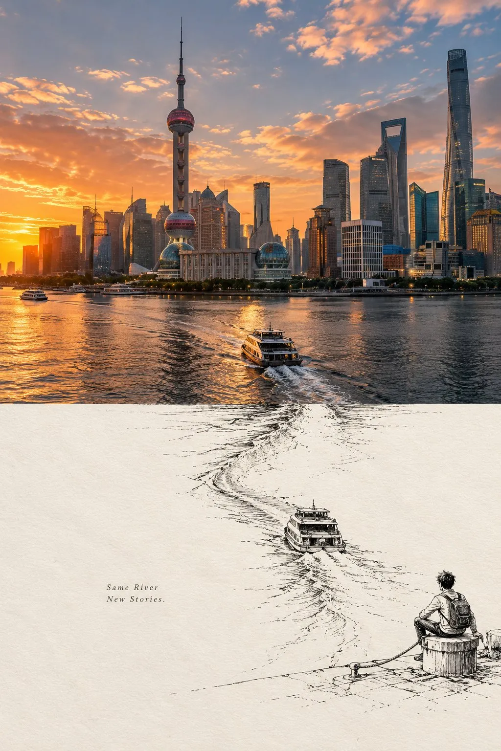 Shanghai’s sunset skyline and a boat wake extend into an ink-drawn river scene with a seated traveler on ivory paper.