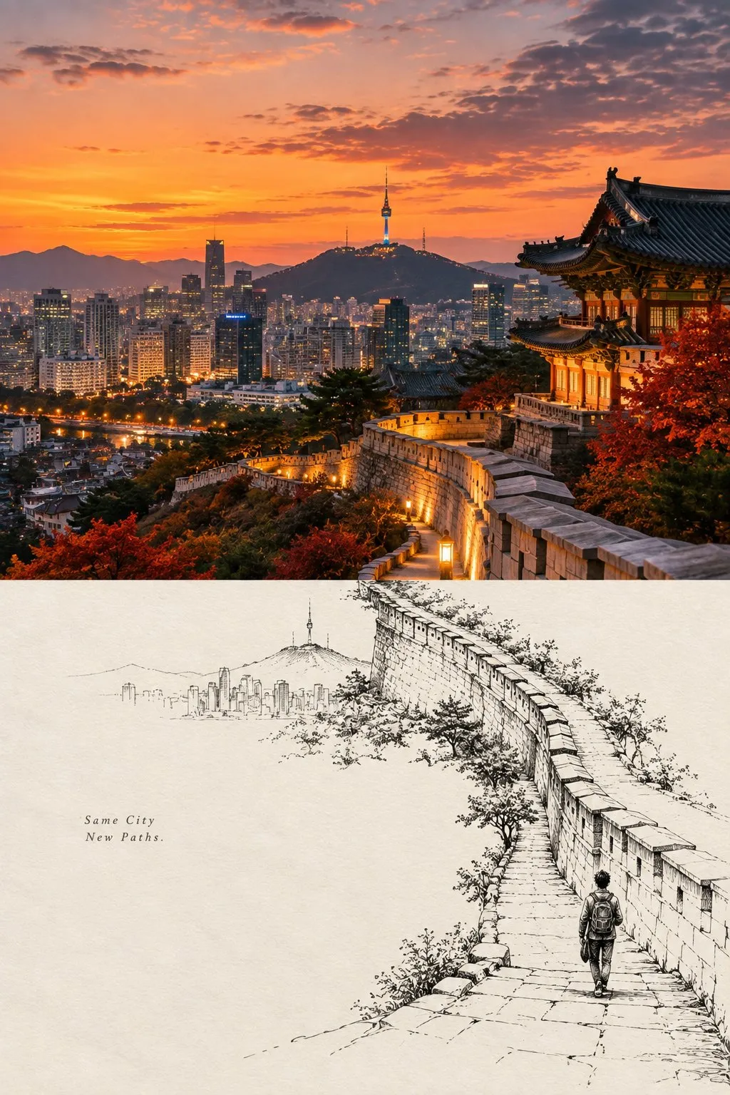 A sunset view of Seoul and a stone wall meet an ink drawing of a winding path with a walking traveler.
