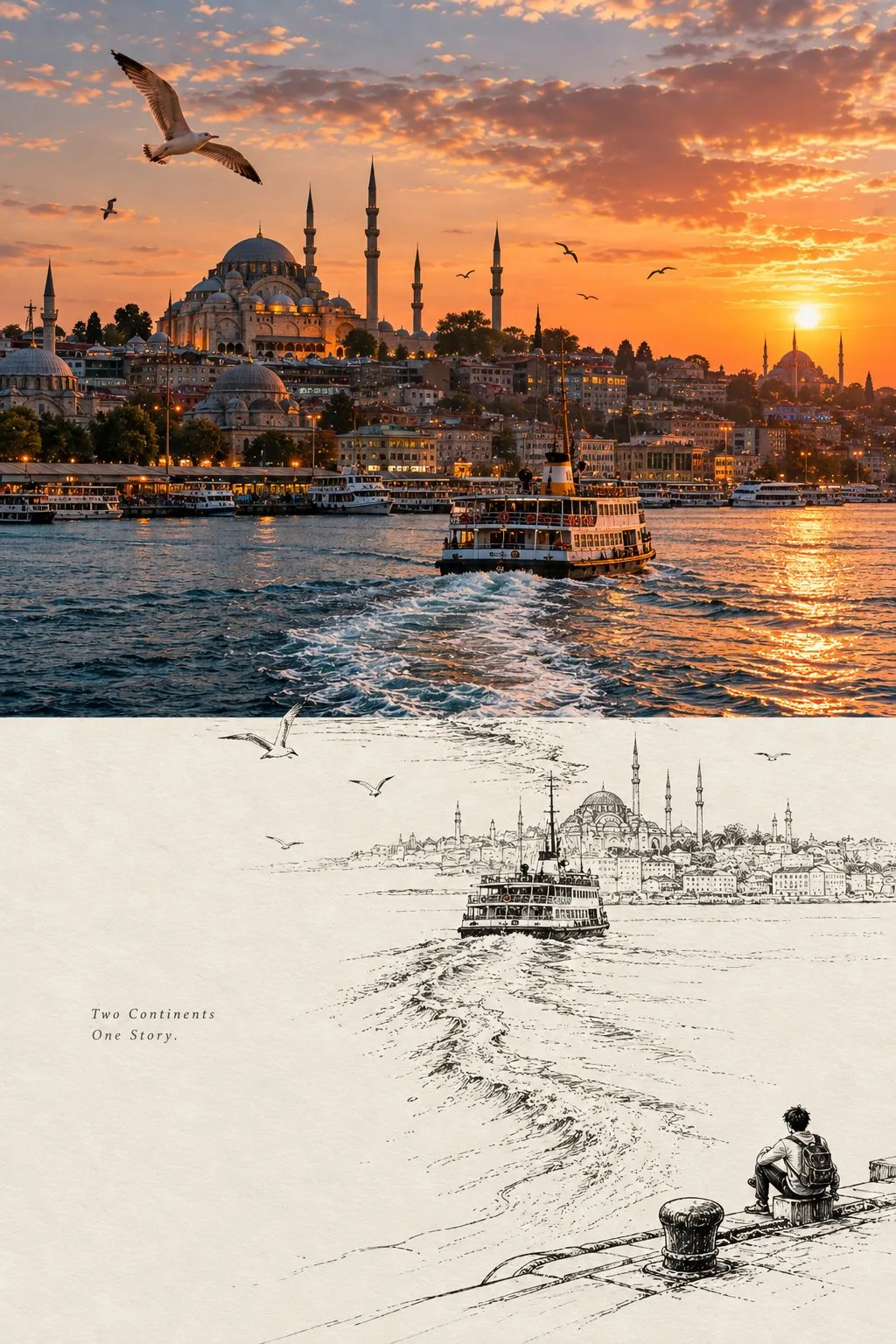 Istanbul’s mosque skyline and a ferry at sunset appear above an ink-drawn waterfront, with a small traveler seated at the lower right.