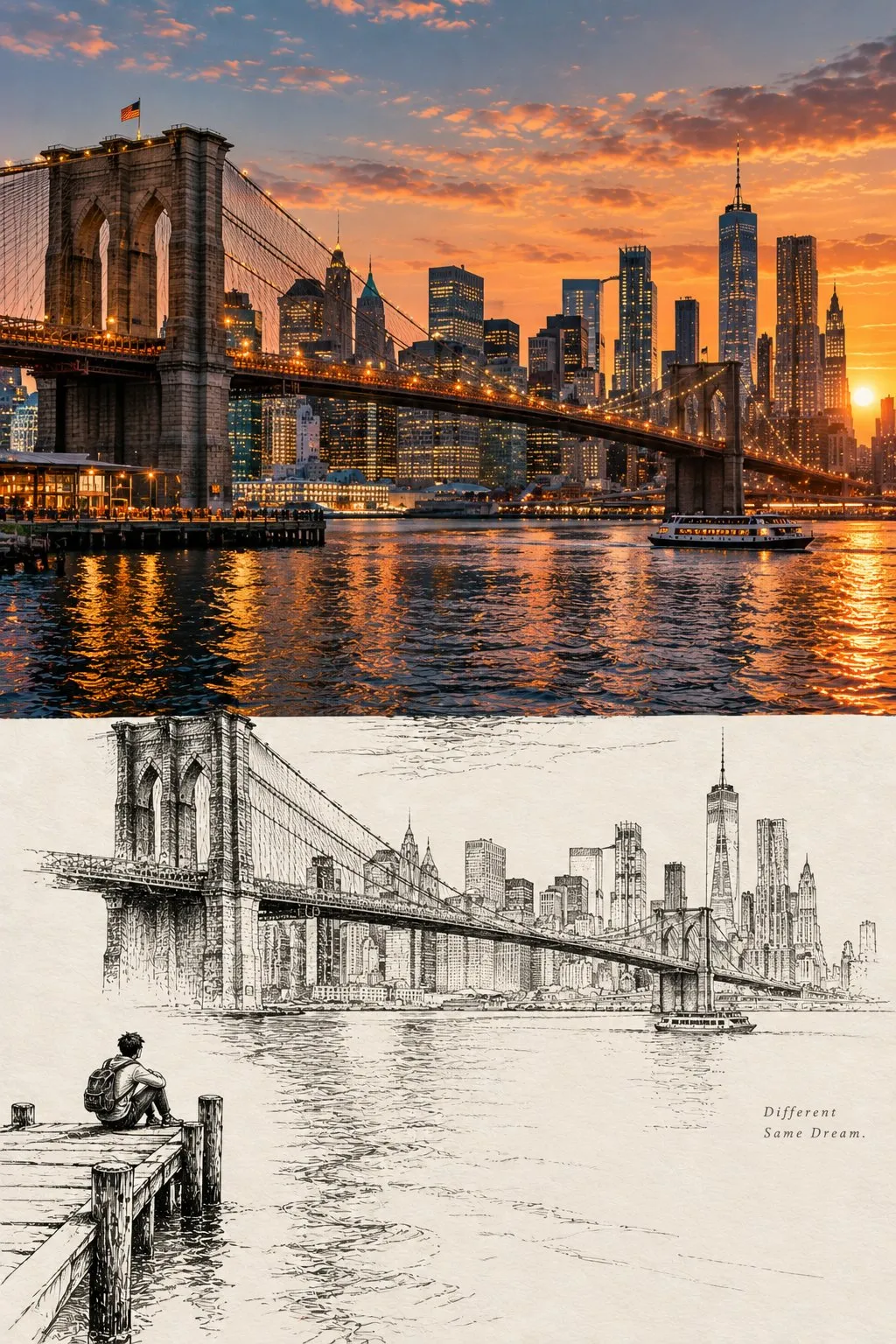 A sunset photograph-style view of Brooklyn Bridge and New York’s skyline sits above a detailed ink rendition with a seated traveler on a pier.