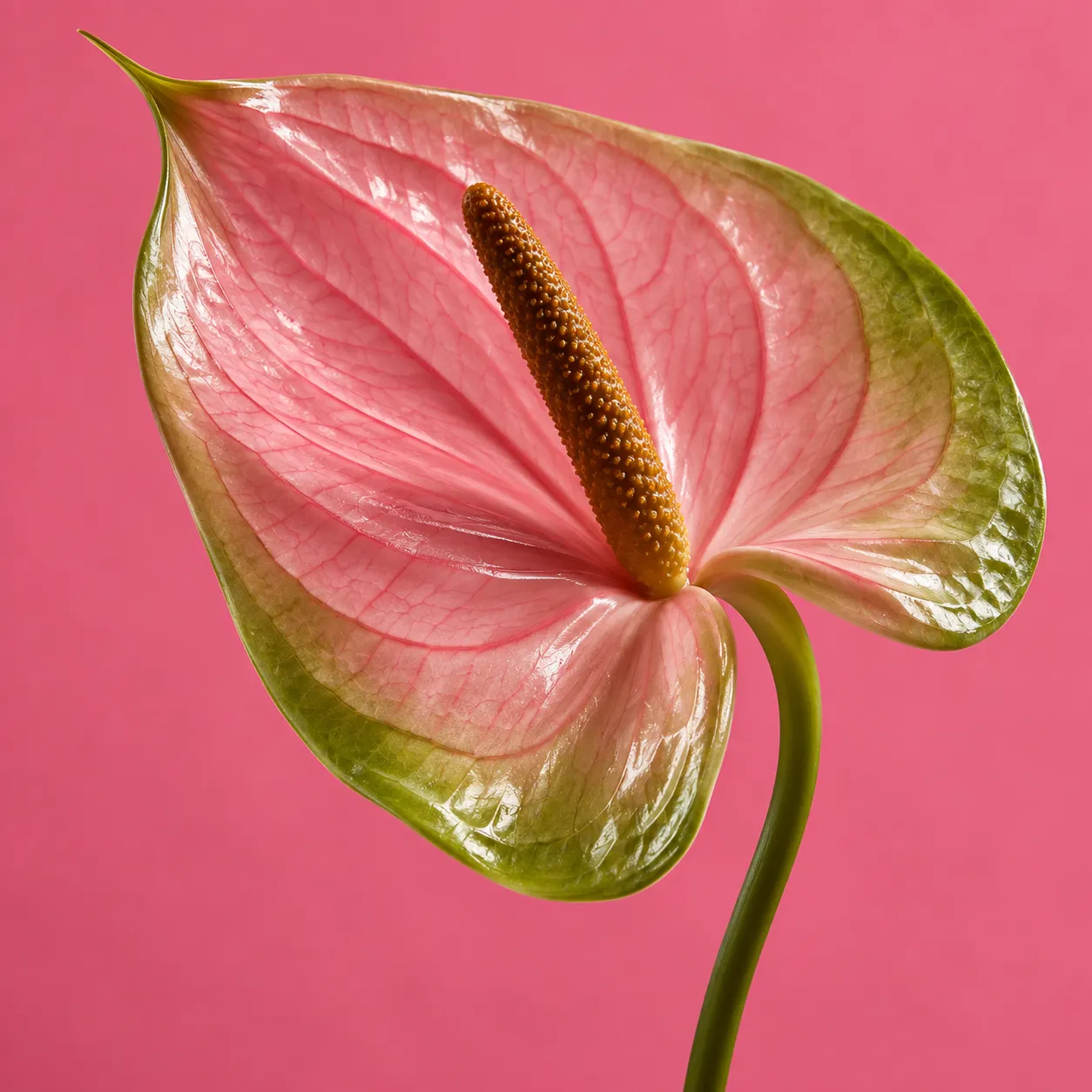 A pink anthurium flower with fine translucent veins and green edges against a saturated pink background.