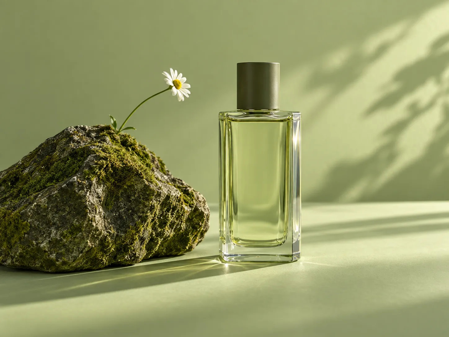 A pale green glass perfume bottle beside a mossy rock and tiny white daisy on a green backdrop.