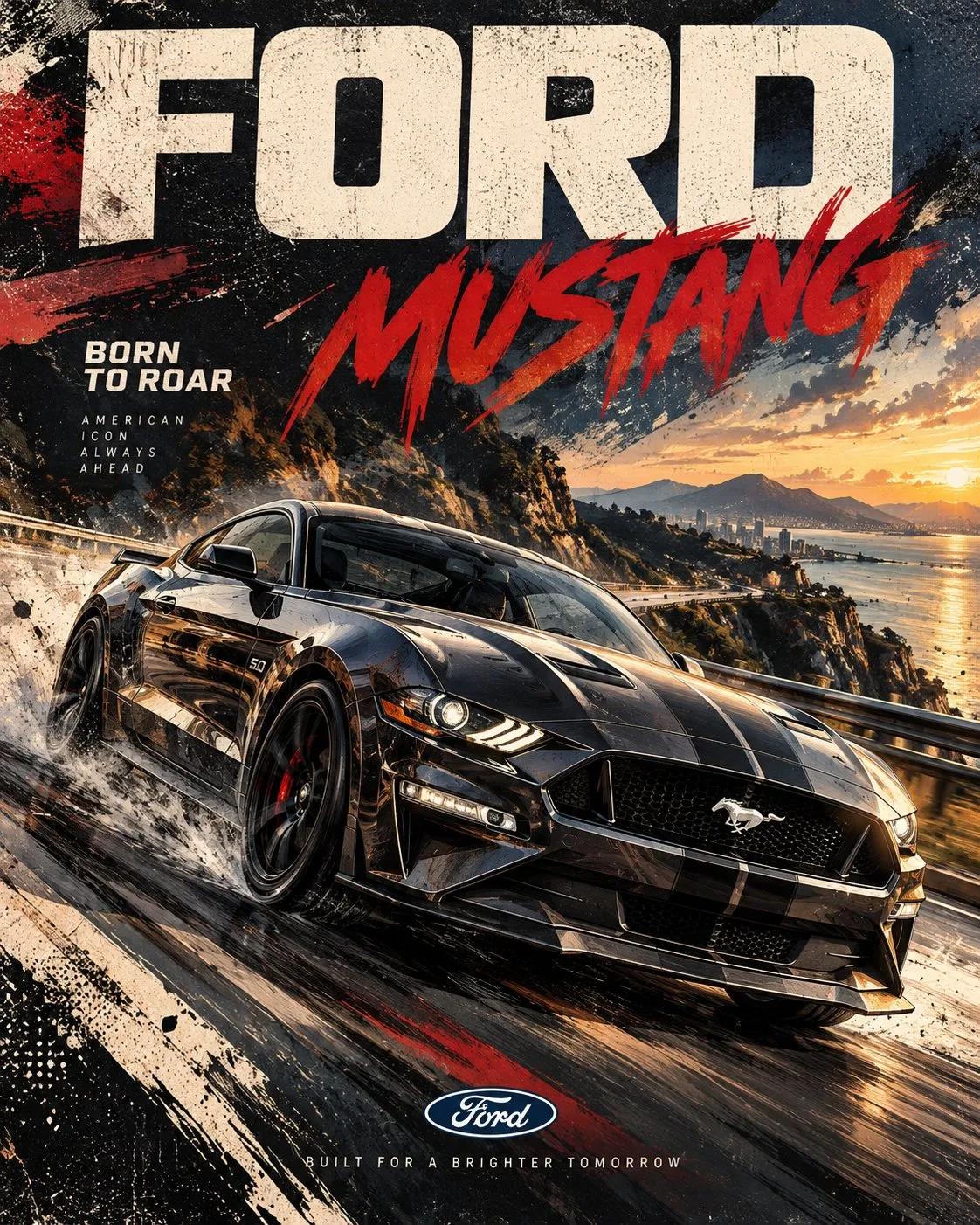 A black Ford Mustang races along a coastal road beneath oversized FORD and MUSTANG lettering, with red and cream brush strokes.
