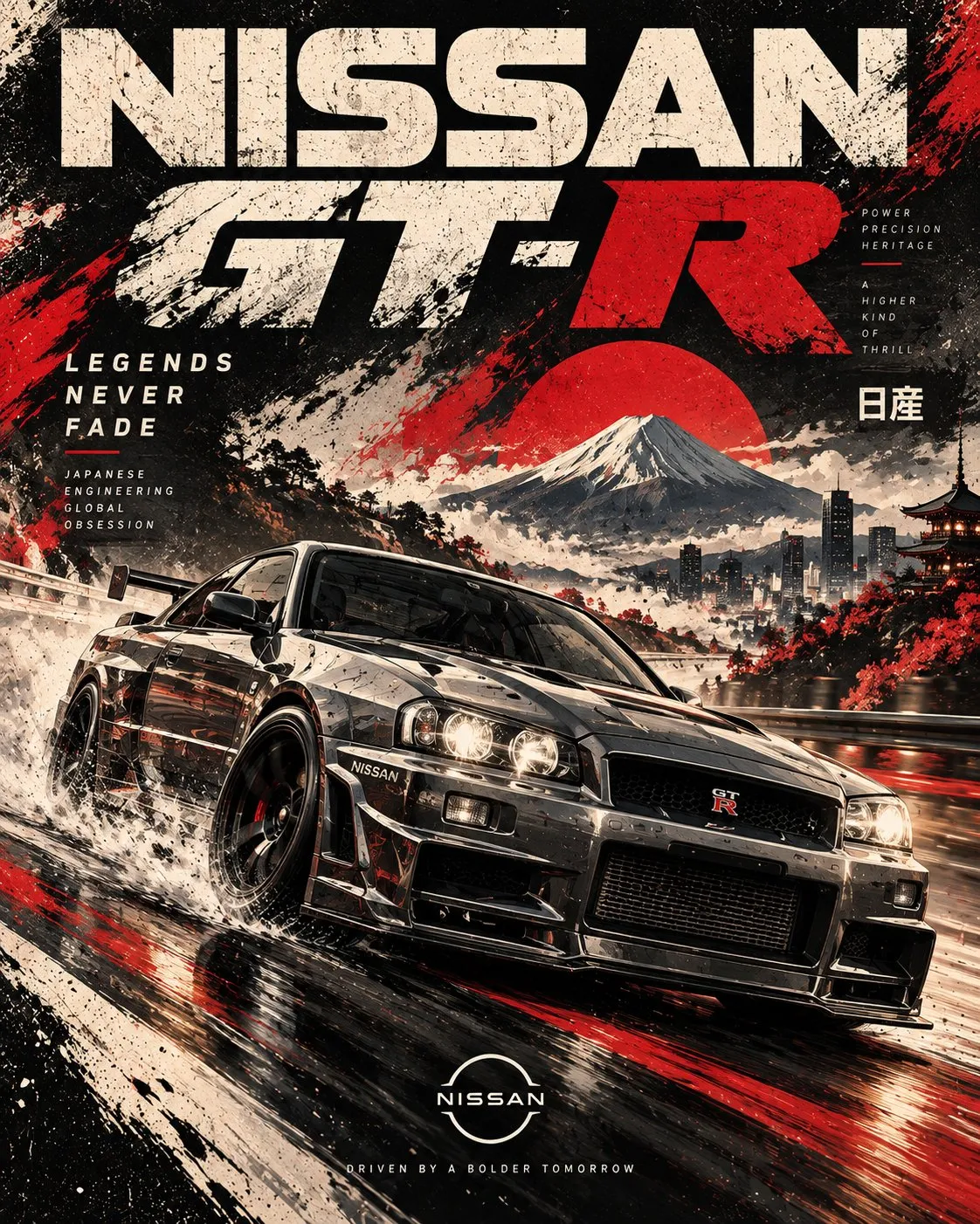 暗色の Nissan GT-R が山を背景に描かれ、赤、黒、クリーム色のレーシンググラフィックと大きな NISSAN GT-R の文字に囲まれている。