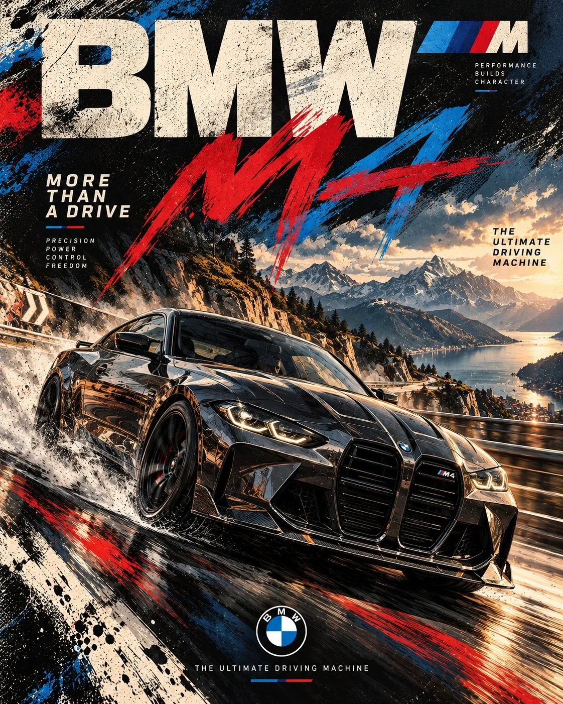 暗色の BMW スポーツカーを山道で低い視点から描き、青と赤の筆跡、大きな BMW の文字、下部の丸いエンブレムを添えている。
