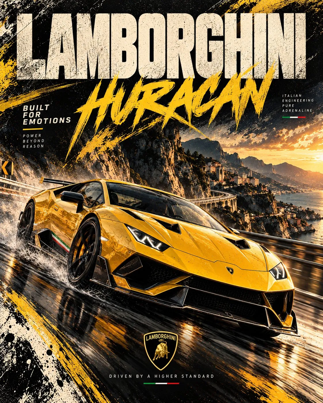 黄色の Lamborghini Huracán が海沿いの道路を疾走し、黒と黄色の筆跡、大きなブランド名と車名、盾形エンブレムを配している。