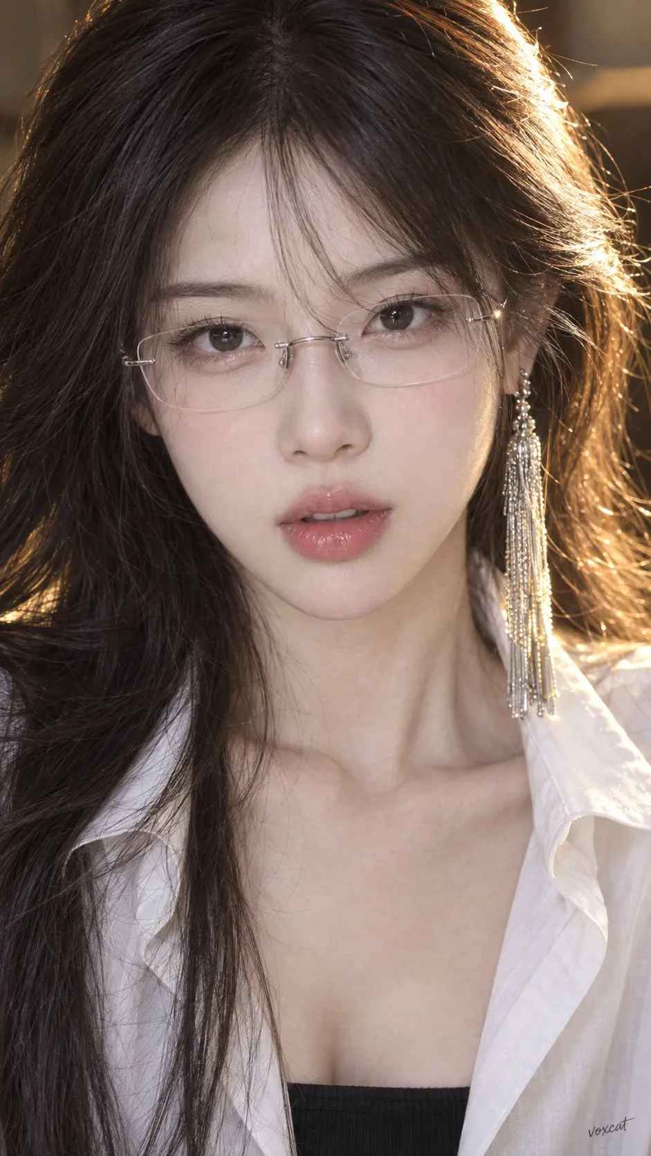 黒髪で縁なし眼鏡と白シャツの女性に、金色の側光が長い銀の房の耳飾りを照らす。