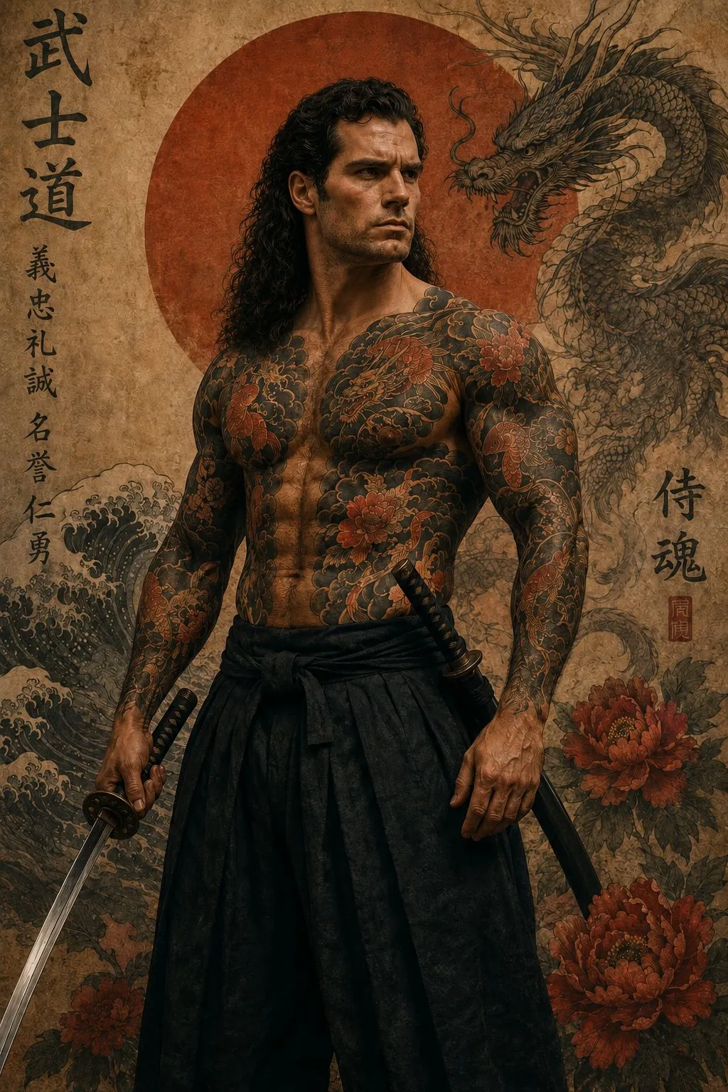 Muscular dark-haired man with chest tattoos, dark hakama and a sword, standing before a painted dragon, rising sun and peonies on aged paper.
