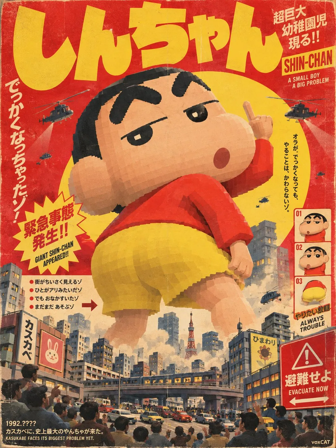 赤い服の巨大な子どもキャラクターが日本の街にそびえ、上に黄色い大見出しがある。