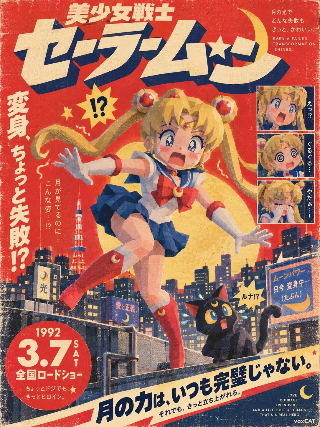 ローポリのセーラー服のヒロインが街の上で不安定に浮かぶ。