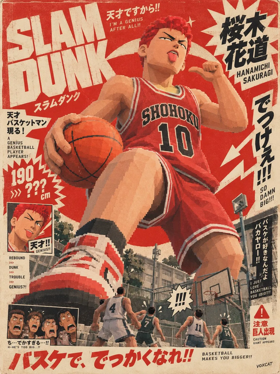 赤いユニフォームの巨大なバスケットボール選手が街のコートをまたぐ。