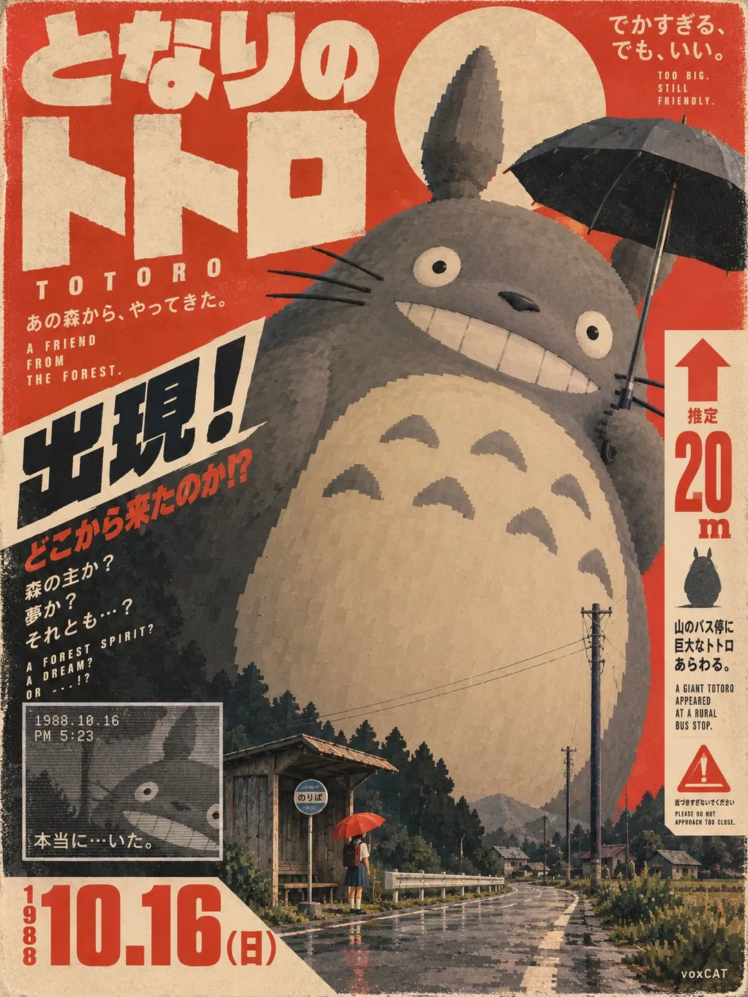 巨大な灰色の森の生き物が田舎のバス停に立つ。