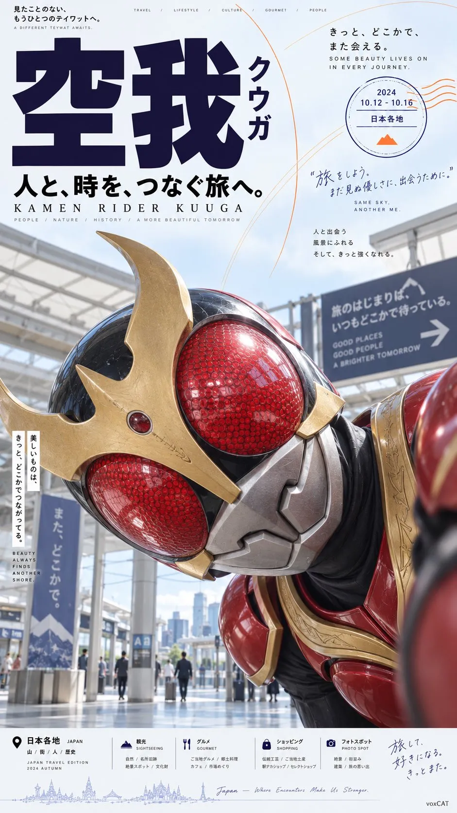 A red-eyed masked rider tilts into a station poster headed 空我.