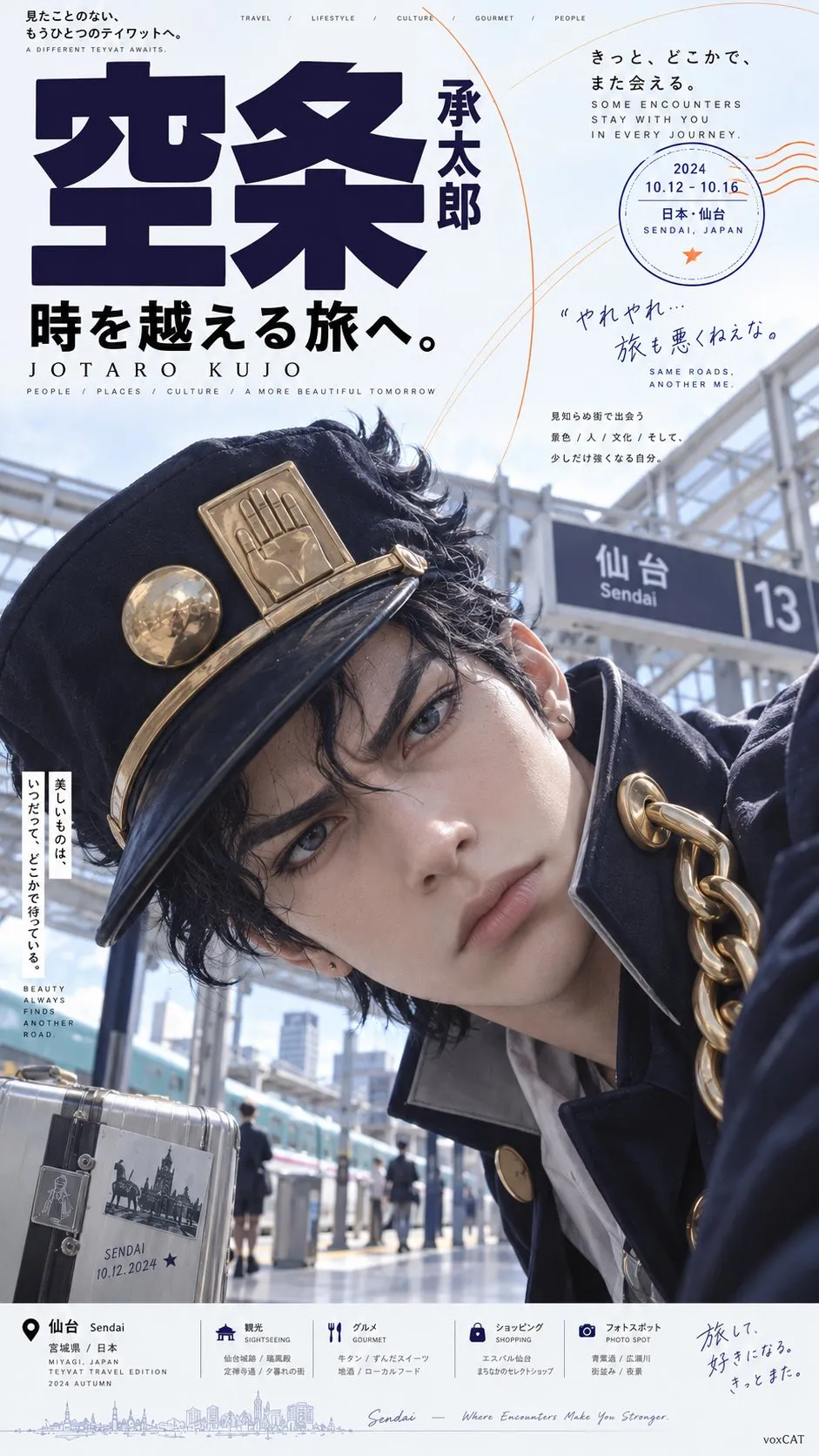 帽子をかぶった黒髪の男性が「空条」のポスターへ横から入る。