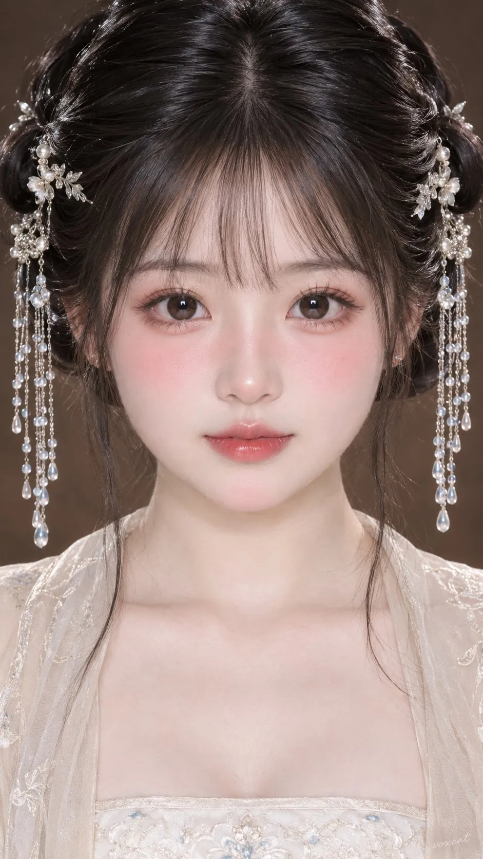 丸顔と桃色の頬、薄いぱっつん前髪の女性を正面から描き、古典的な結い髪の両側に銀の房を垂らす。