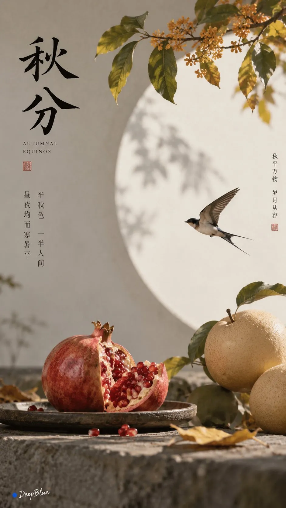 An Autumn Equinox cover pairs a pomegranate and pear with a swallow and a circular light patch.