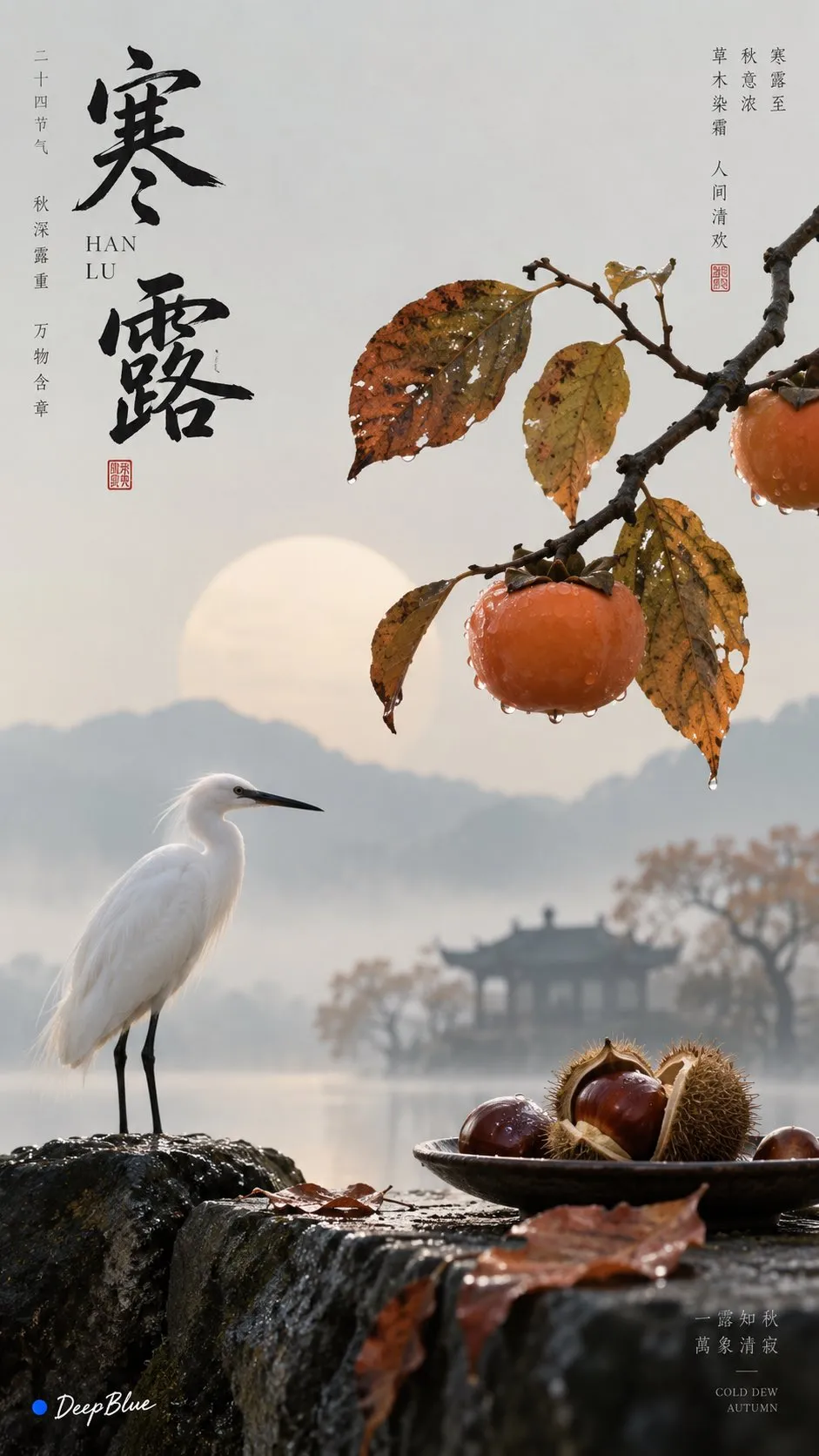 寒露の表紙では、水辺に柿の枝、栗、白鷺を配する。