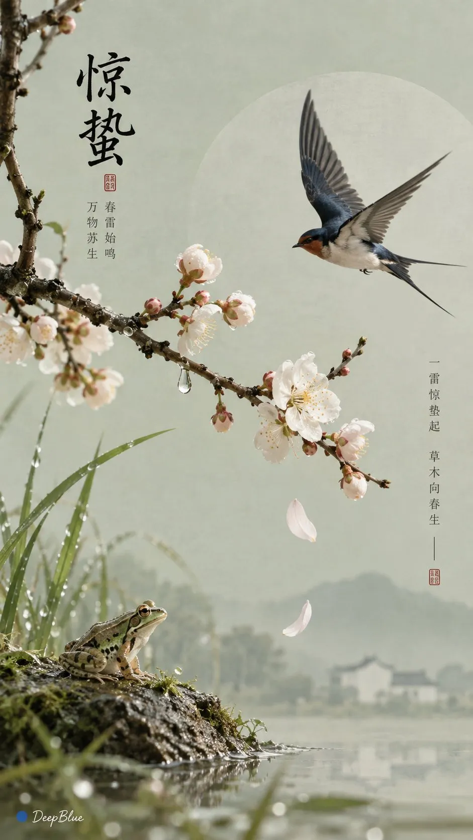 啓蟄の表紙にツバメ、花の咲く枝、カエルを描く。