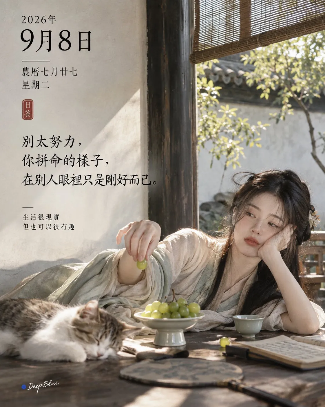 女子与猫坐在庭院窗边的茶桌旁,左侧排有9月8日日期和日签短句。