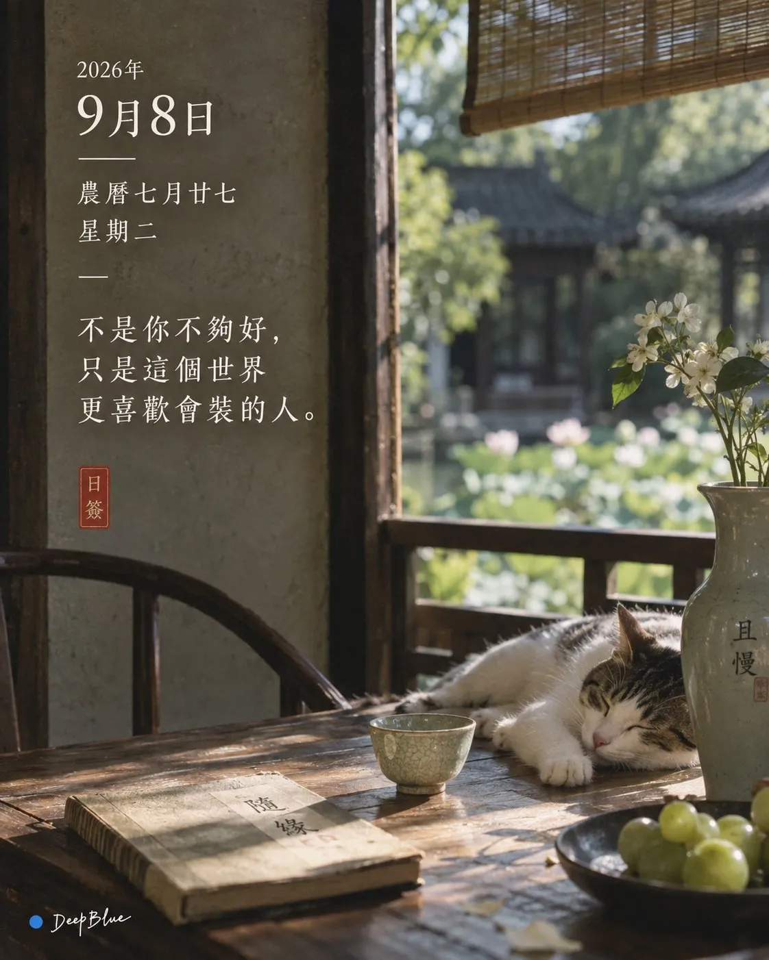 阳光木窗旁摆着茶碗和葡萄,一只猫卧在桌上,画面叠有9月8日日签。