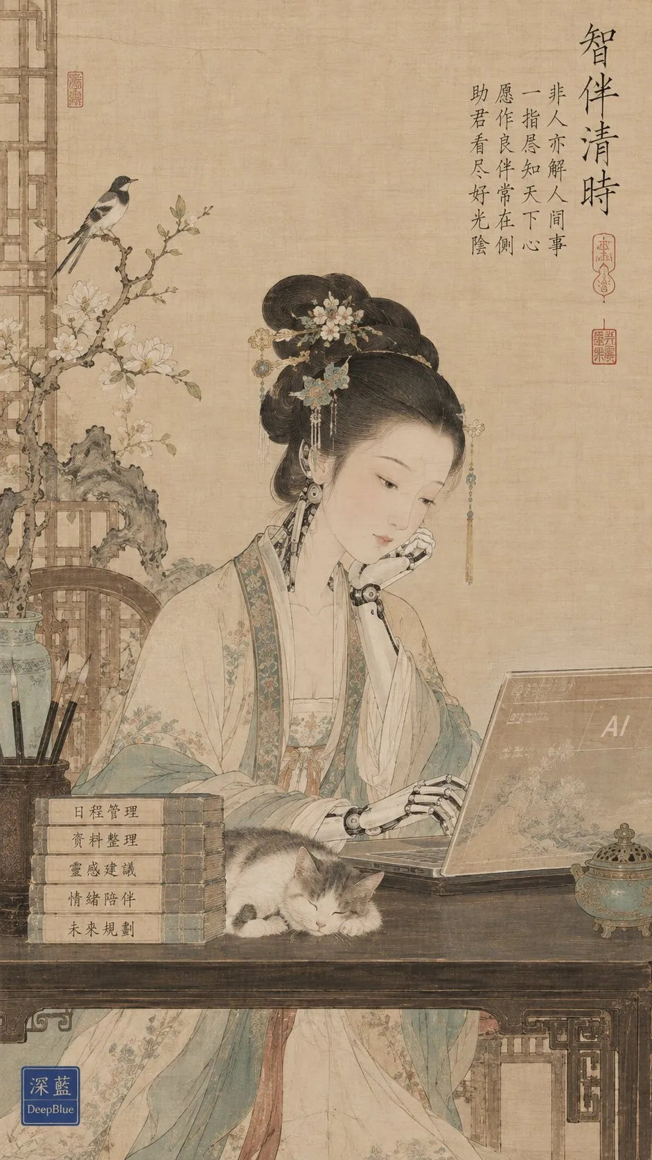 A robotic woman works at a laptop in a silk-textured court painting.
