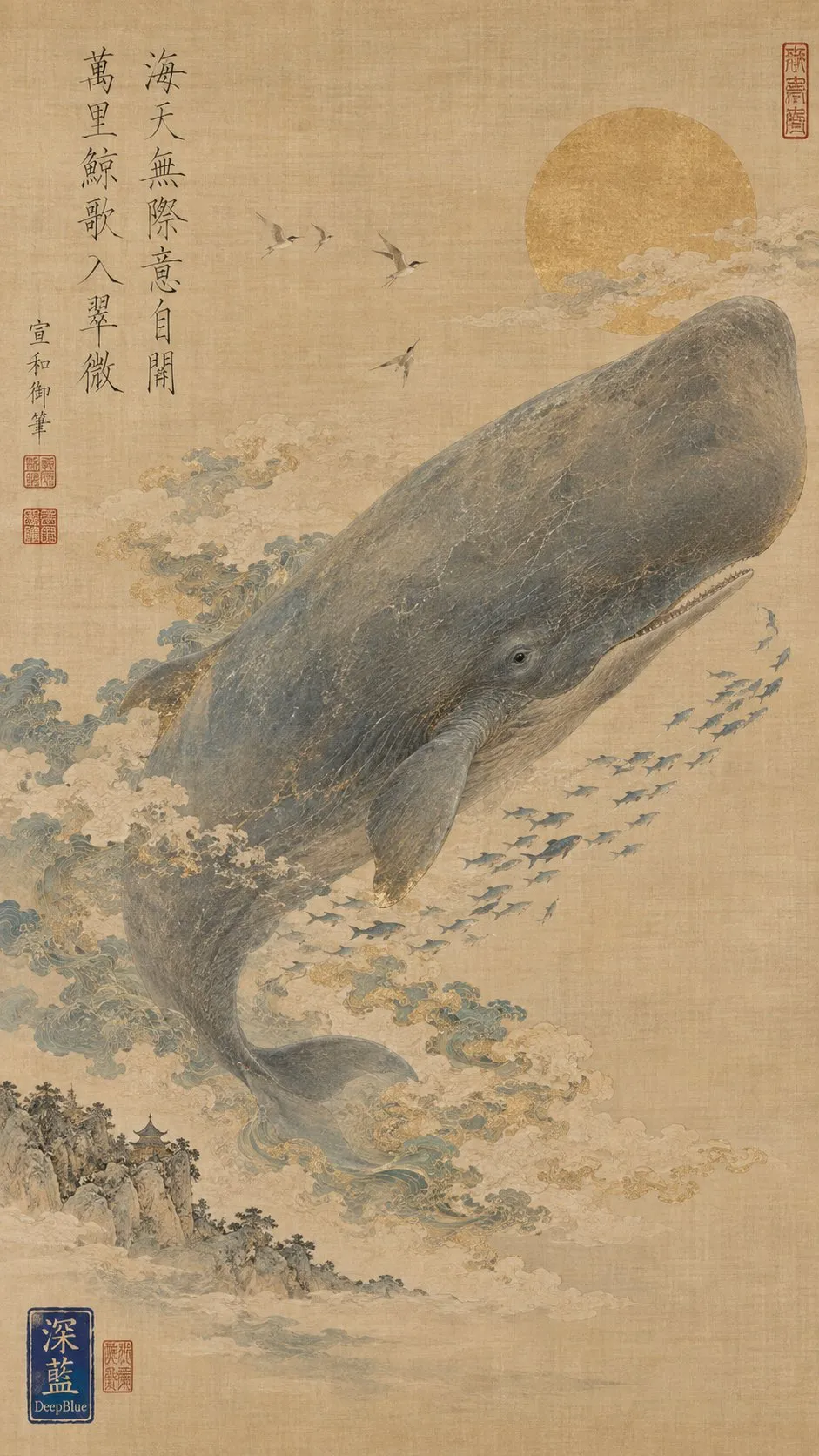 A sperm whale floats through clouds above small mountains.