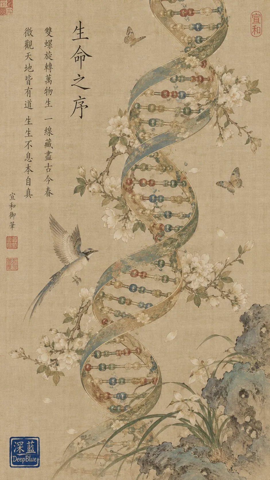 A DNA double helix entwines with blossoms and birds.