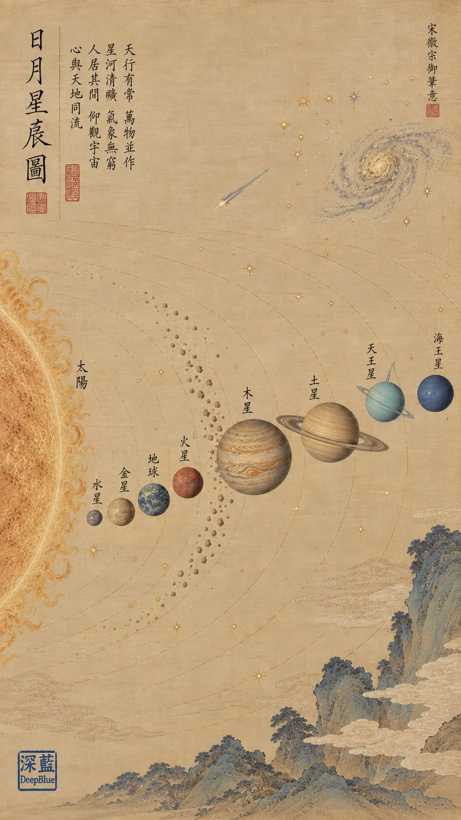Planets arc across a silk-textured solar-system painting.