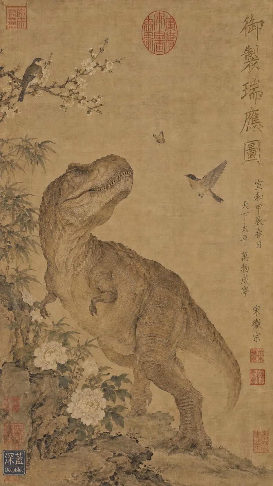A tyrannosaur stands among birds, blossoms and calligraphy.
