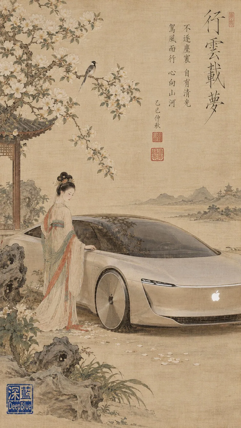 A traditionally dressed woman stands beside a silver concept car.