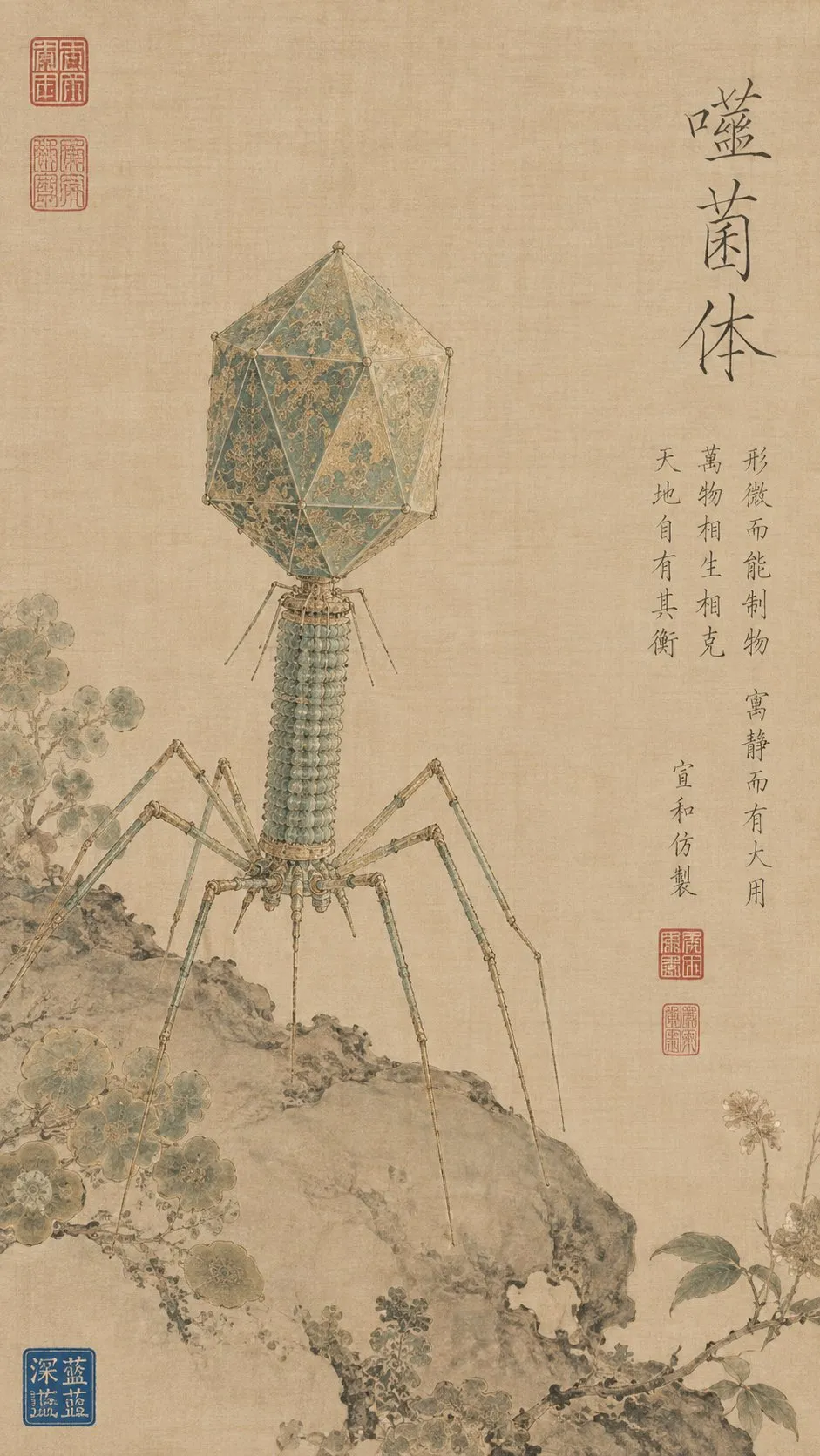 A large bacteriophage appears above a miniature landscape.