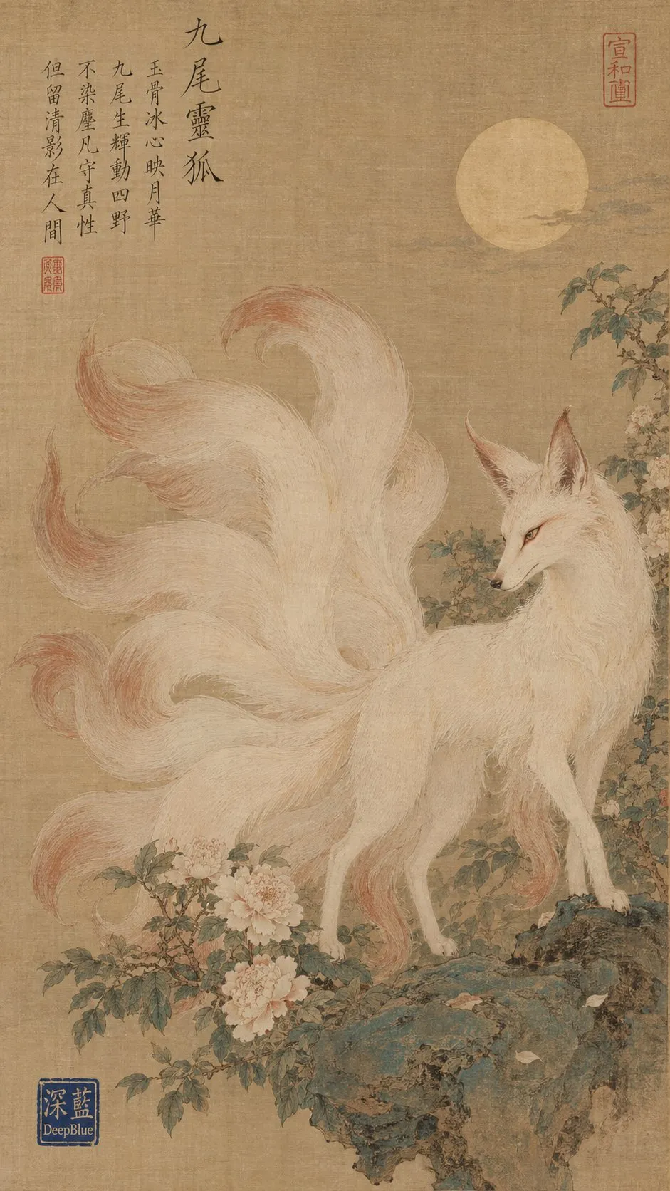 A white many-tailed fox stands among flowers beneath a pale moon.