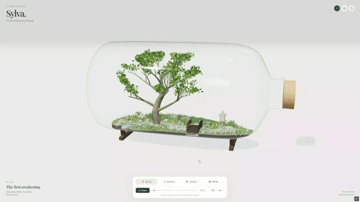 Interactive Sylva webpage showing a maple tree, stream and wooden bridge in a horizontal glass bottle, with controls for four seasons.