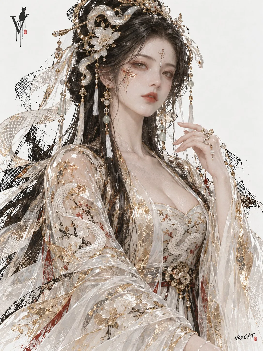 装飾的な黒髪の女性が半透明の白金の花柄衣装を着て、周囲に粗い黒の印刷跡がある。