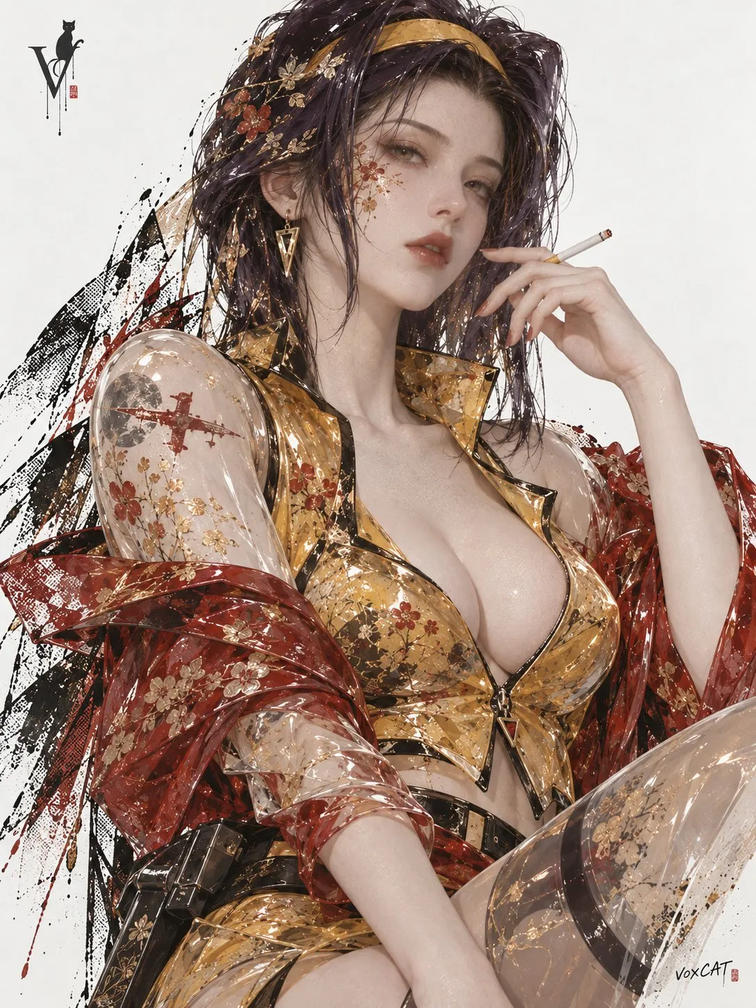 赤と金の半透明の布をまとった黒髪の女性が細い煙管を持つ。
