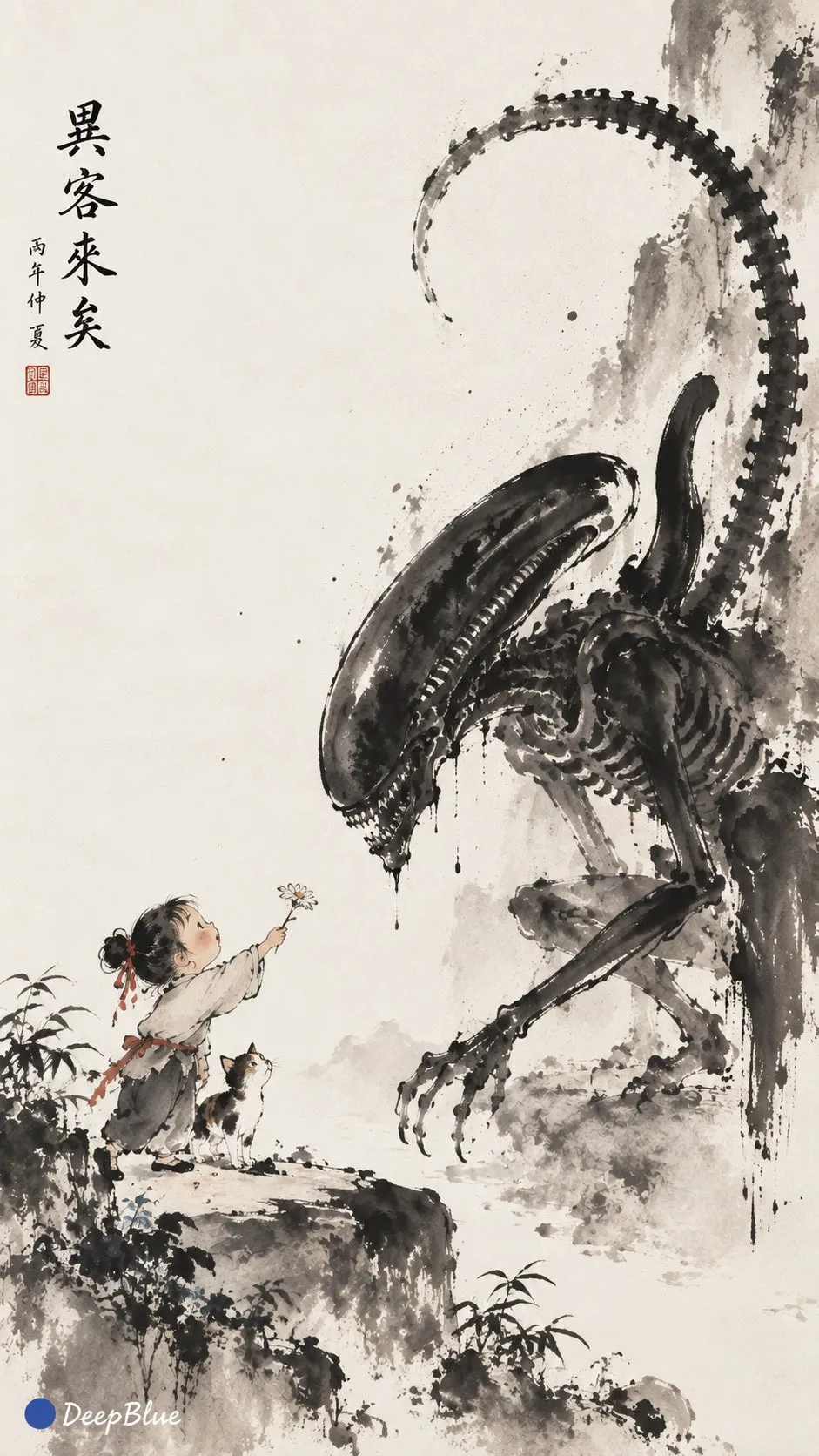 A small child points toward a towering alien in a sparse ink landscape.
