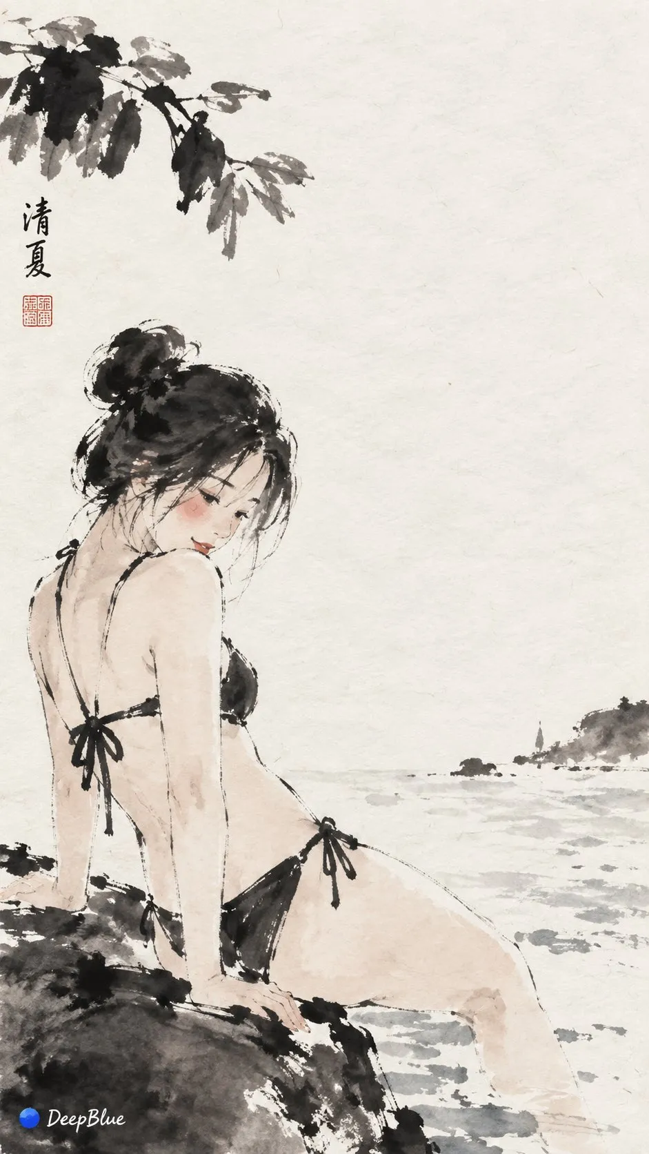 水着姿の女性が海辺の岩に座り、水墨の葉が上から垂れる。