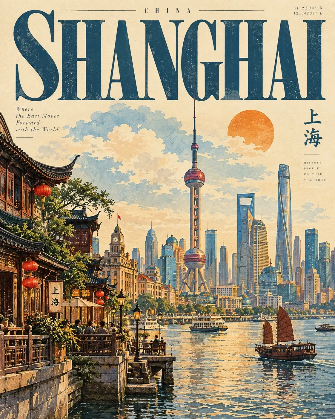 上海のビンテージ旅行ポスター。ランドマークのイラストの上に大きな青い地名を置き、暖色の太陽とクリーム色の紙の質感を添えている。