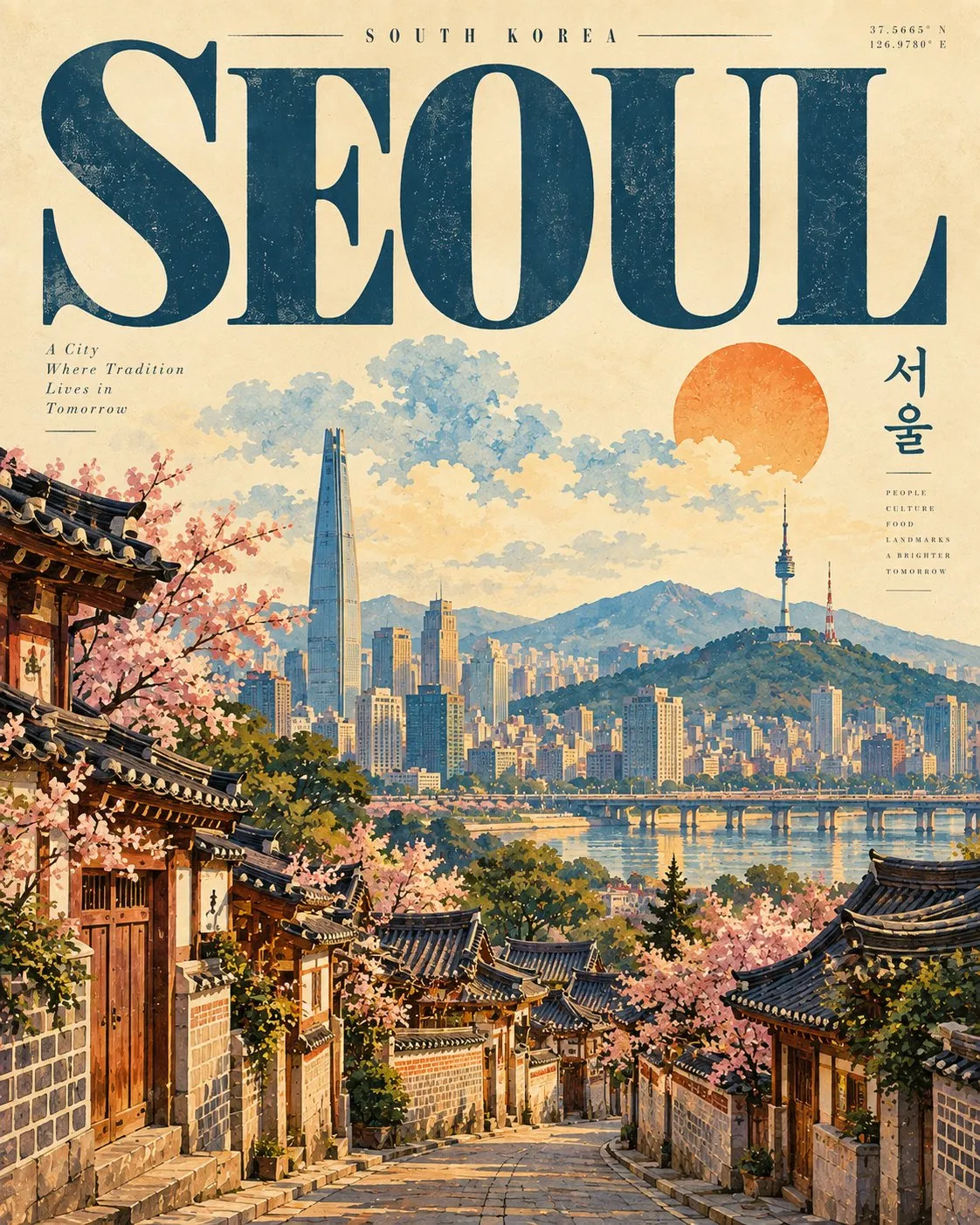 ソウルのビンテージ旅行ポスター。ランドマークのイラストの上に大きな青い地名を置き、暖色の太陽とクリーム色の紙の質感を添えている。
