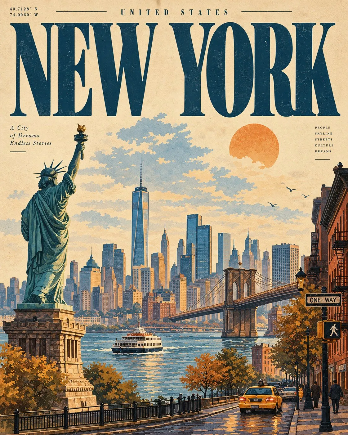 ニューヨークのビンテージ旅行ポスター。ランドマークのイラストの上に大きな青い地名を置き、暖色の太陽とクリーム色の紙の質感を添えている。