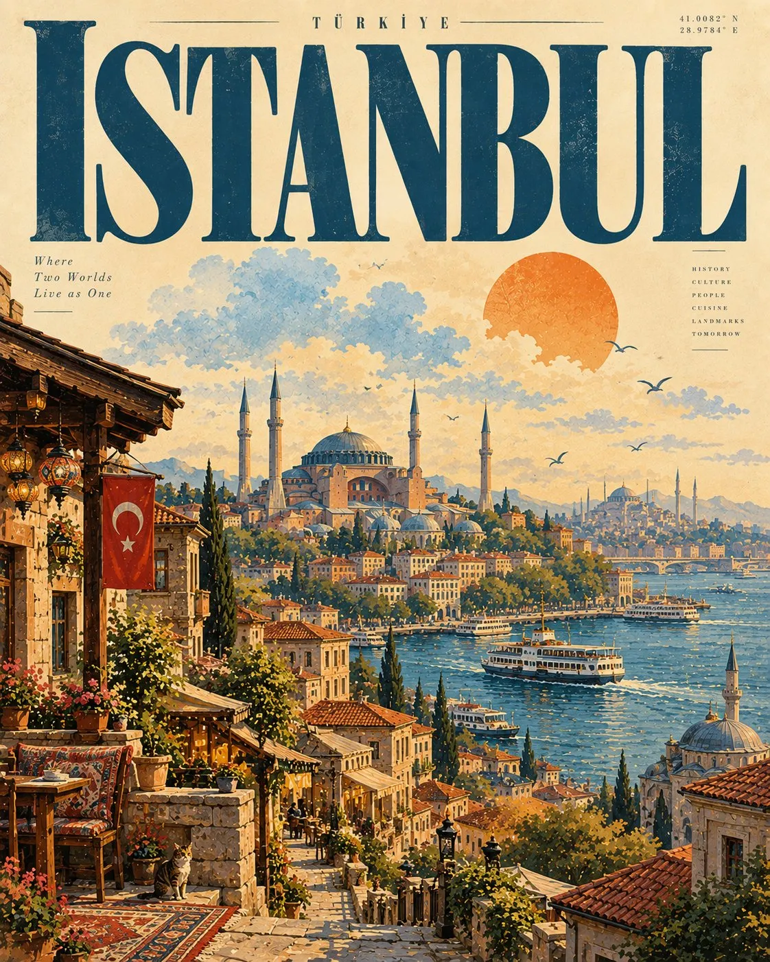 イスタンブールのビンテージ旅行ポスター。ランドマークのイラストの上に大きな青い地名を置き、暖色の太陽とクリーム色の紙の質感を添えている。